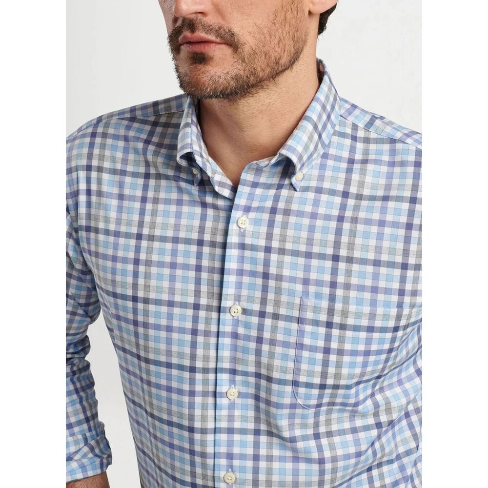 PETER MILLAR Shirt Mens XXL Blue Grid Plaid Button Up Crown Lite CHAMBLY $160